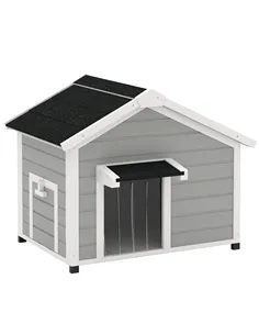 PawHut Wooden Dog House Outdoor with Openable Roof, Removable Floor, Curtain, Elevated Feet, for Medium Dogs, Light Grey