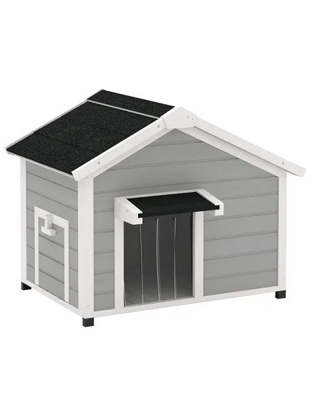 PawHut Wooden Dog House Outdoor with Openable Roof, Removable Floor, Curtain, Elevated Feet, for Medium Dogs, Light Grey