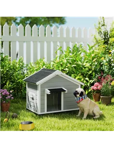 PawHut Wooden Dog House Outdoor with Openable Roof, Removable Floor, Curtain, Elevated Feet, for Medium Dogs, Light Grey 2