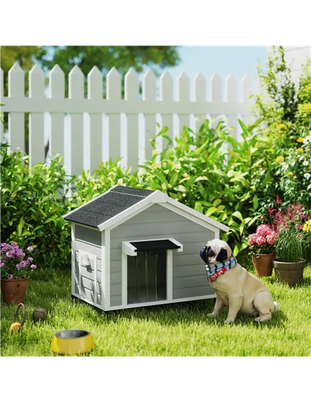 PawHut Wooden Dog House Outdoor with Openable Roof, Removable Floor, Curtain, Elevated Feet, for Medium Dogs, Light Grey