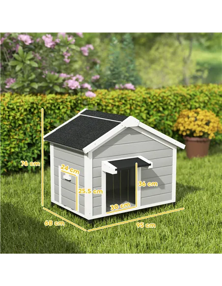 PawHut Wooden Dog House Outdoor with Openable Roof, Removable Floor, Curtain, Elevated Feet, for Medium Dogs, Light Grey