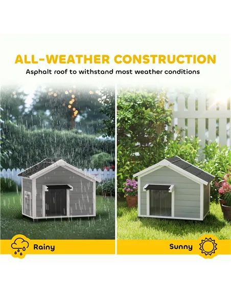 PawHut Wooden Dog House Outdoor with Openable Roof, Removable Floor, Curtain, Elevated Feet, for Medium Dogs, Light Grey