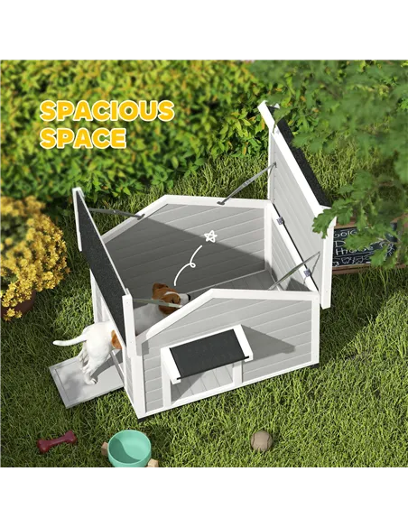 PawHut Wooden Dog House Outdoor with Openable Roof, Removable Floor, Curtain, Elevated Feet, for Medium Dogs, Light Grey