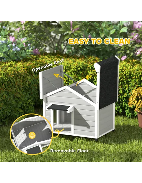 PawHut Wooden Dog House Outdoor with Openable Roof, Removable Floor, Curtain, Elevated Feet, for Medium Dogs, Light Grey