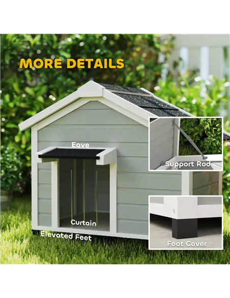 PawHut Wooden Dog House Outdoor with Openable Roof, Removable Floor, Curtain, Elevated Feet, for Medium Dogs, Light Grey