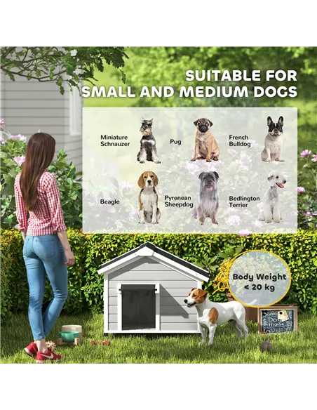 PawHut Wooden Dog House Outdoor with Openable Roof, Removable Floor, Curtain, Elevated Feet, for Medium Dogs, Light Grey