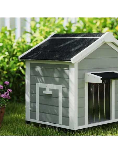 PawHut Wooden Dog House Outdoor with Openable Roof, Removable Floor, Curtain, Elevated Feet, for Medium Dogs, Light Grey