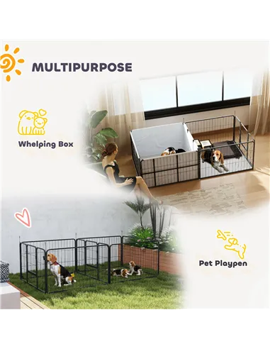 PawHut Seven-Panel Dog Whelping Box, Dog Playpen with Washable Whelping Pads, Wind-Resistant Fabric, for Small and Medium Dogs