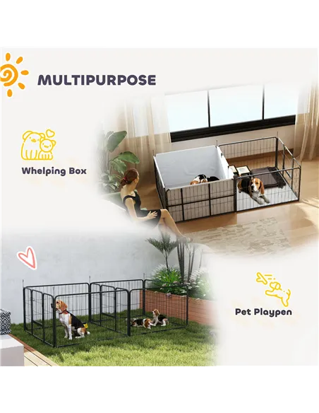 PawHut Seven-Panel Dog Whelping Box, Dog Playpen with Washable Whelping Pads, Wind-Resistant Fabric, for Small and Medium Dogs