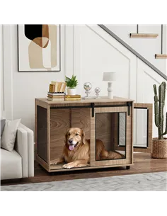 PawHut Dog Crate Furniture with Sliding Door for Large Dogs, Walnut Brown 2