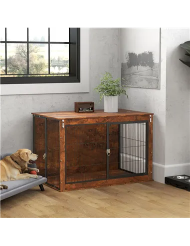 PawHut Dog Crate Furniture with Openable Top, Two Doors, for Extra Large Dogs, Rustic Brown