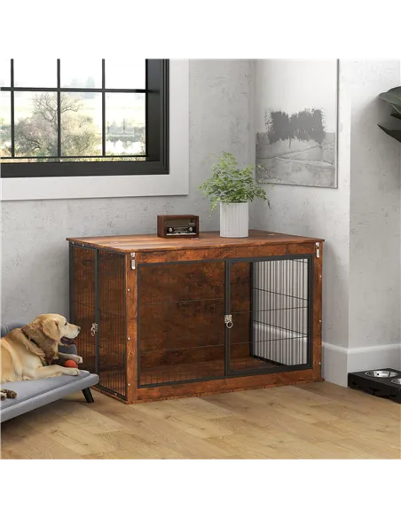 PawHut Dog Crate Furniture with Openable Top, Two Doors, for Extra Large Dogs, Rustic Brown