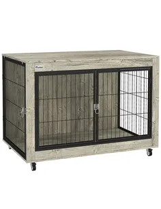 PawHut Dog Crate Furniture with Wheels, Double Doors, for Large Dogs, Grey