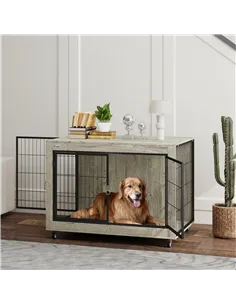 PawHut Dog Crate Furniture with Wheels, Double Doors, for Large Dogs, Grey 2