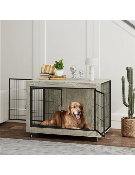 PawHut Dog Crate Furniture with Wheels, Double Doors, for Large Dogs, Grey