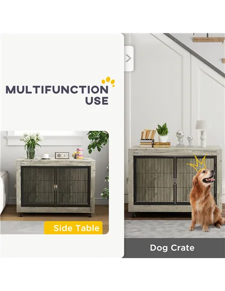 PawHut Dog Crate Furniture with Wheels, Double Doors, for Large Dogs, Grey