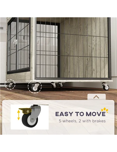 PawHut Dog Crate Furniture with Wheels, Double Doors, for Large Dogs, Grey