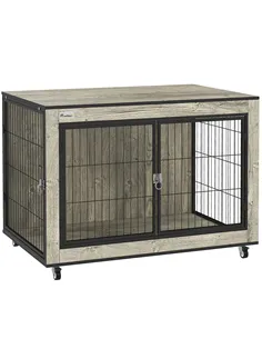 PawHut Dog Crate Furniture with Wheels, Double Doors, for Medium Dogs, Grey
