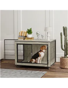 PawHut Dog Crate Furniture with Wheels, Double Doors, for Medium Dogs, Grey 2