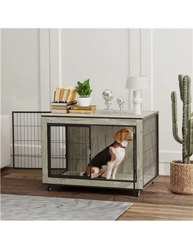 PawHut Dog Crate Furniture with Wheels, Double Doors, for Medium Dogs, Grey
