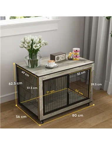 PawHut Dog Crate Furniture with Wheels, Double Doors, for Medium Dogs, Grey