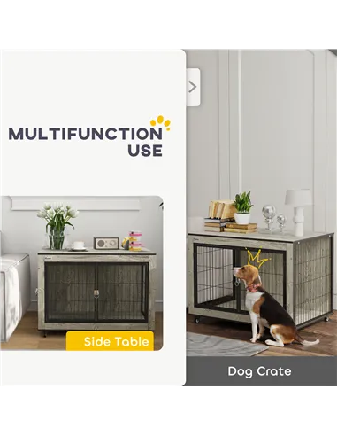 PawHut Dog Crate Furniture with Wheels, Double Doors, for Medium Dogs, Grey