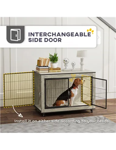 PawHut Dog Crate Furniture with Wheels, Double Doors, for Medium Dogs, Grey