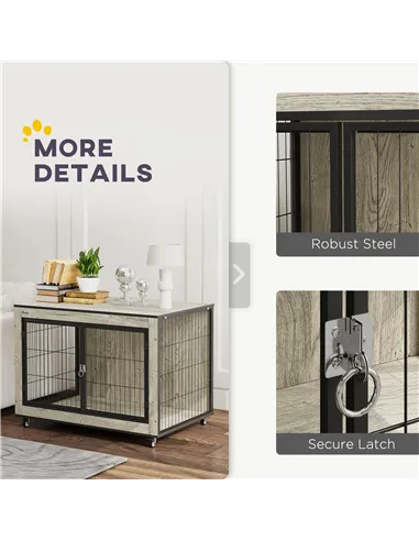 PawHut Dog Crate Furniture with Wheels, Double Doors, for Medium Dogs, Grey