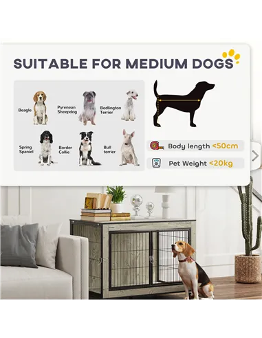 PawHut Dog Crate Furniture with Wheels, Double Doors, for Medium Dogs, Grey