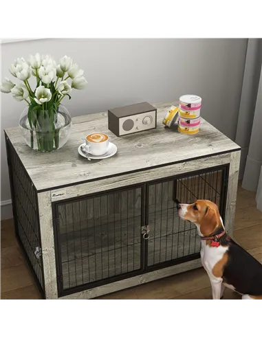 PawHut Dog Crate Furniture with Wheels, Double Doors, for Medium Dogs, Grey