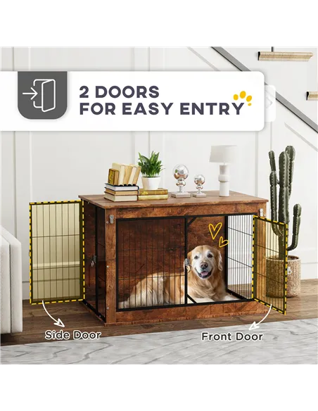 PawHut Dog Crate Furniture with Openable Top, Two Doors, for Large Dogs, Rustic Brown