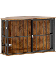 PawHut Corner Dog Crate Furniture with Two Bowls, Lockable Doors, for Small, Medium Dogs, Rustic Brown