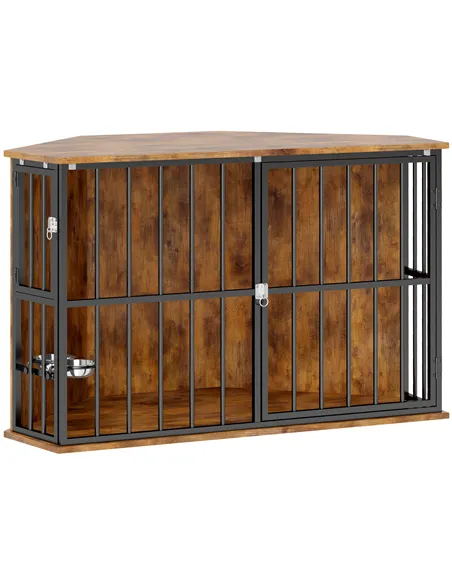 PawHut Corner Dog Crate Furniture with Two Bowls, Lockable Doors, for Small, Medium Dogs, Rustic Brown