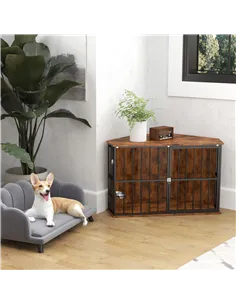 PawHut Corner Dog Crate Furniture with Two Bowls, Lockable Doors, for Small, Medium Dogs, Rustic Brown 2