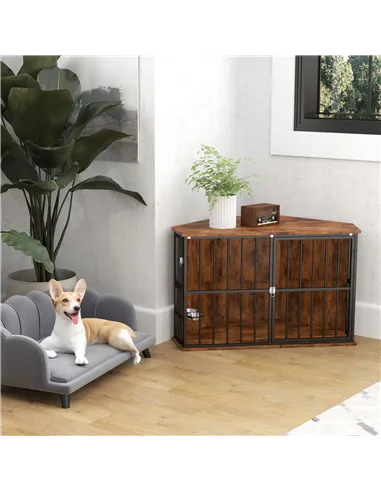 PawHut Corner Dog Crate Furniture with Two Bowls, Lockable Doors, for Small, Medium Dogs, Rustic Brown