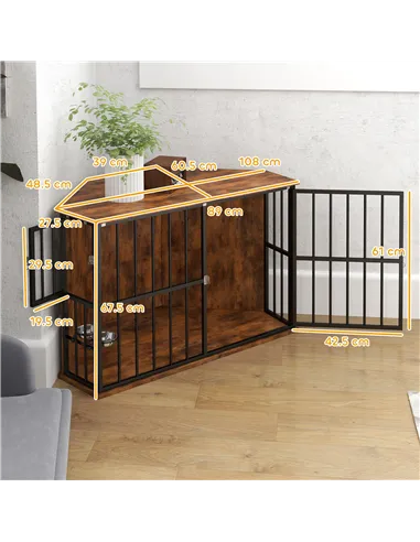 PawHut Corner Dog Crate Furniture with Two Bowls, Lockable Doors, for Small, Medium Dogs, Rustic Brown