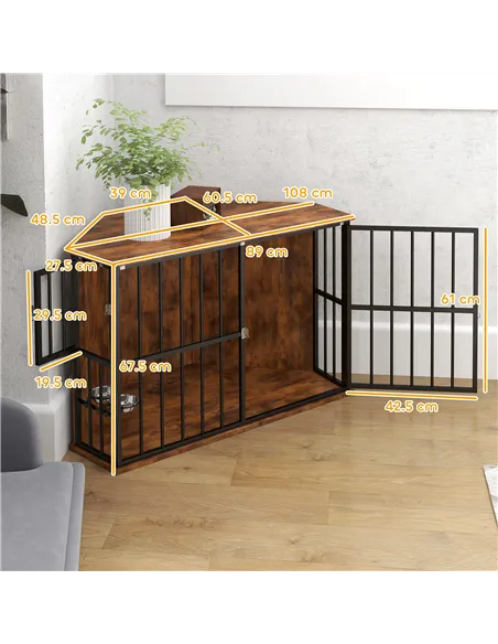 PawHut Corner Dog Crate Furniture with Two Bowls, Lockable Doors, for Small, Medium Dogs, Rustic Brown