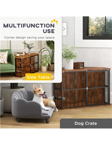 PawHut Corner Dog Crate Furniture with Two Bowls, Lockable Doors, for Small, Medium Dogs, Rustic Brown