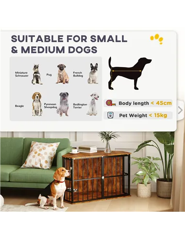 PawHut Corner Dog Crate Furniture with Two Bowls, Lockable Doors, for Small, Medium Dogs, Rustic Brown