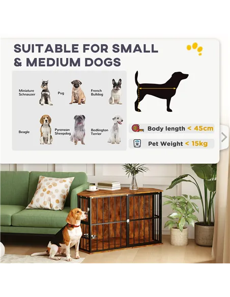 PawHut Corner Dog Crate Furniture with Two Bowls, Lockable Doors, for Small, Medium Dogs, Rustic Brown