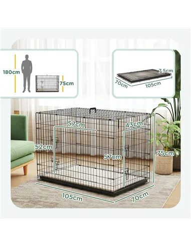 PawHut Foldable Dog Crate with 2 Doors with Tray, Soft Cushion, for Extra and Large Dogs, 105 x 70 x 75, Black