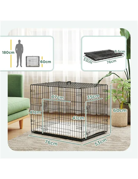 PawHut Foldable Dog Crate with 2 Doors with Tray, Soft Cushion, for Small Dogs, 76 x 53 x 60, Black