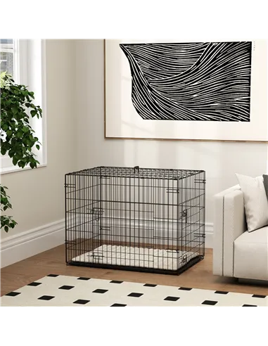 PawHut Foldable Dog Crate with 2 Doors with Tray, Soft Cushion, for Small Dogs, 76 x 53 x 60, Black