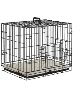 PawHut Foldable Dog Crate with Two Doors with Tray, Soft Cushion, for Extra Small Dogs, 60 x 40 x 50, Black