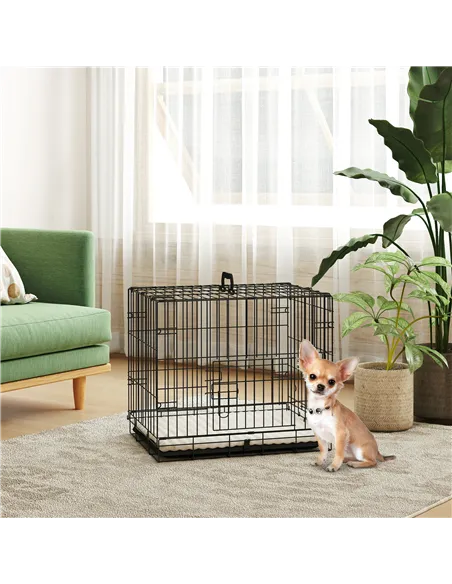 PawHut Foldable Dog Crate with Two Doors with Tray, Soft Cushion, for Extra Small Dogs, 60 x 40 x 50, Black