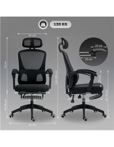 HOMCOM Ergonomic Office Chair, Mesh High Back Desk Chair with Adjustable Lumbar Support and Headrest, Footrest, Reclining Execut