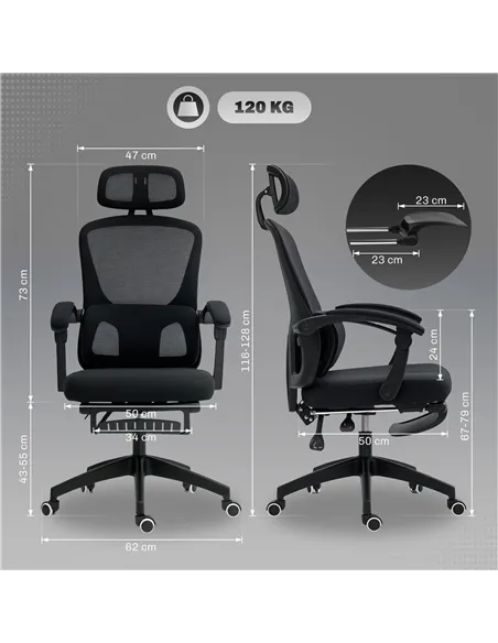 HOMCOM Ergonomic Office Chair, Mesh High Back Desk Chair with Adjustable Lumbar Support and Headrest, Footrest, Reclining Execut