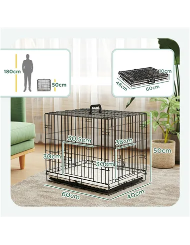 PawHut Foldable Dog Crate with Two Doors with Tray, Soft Cushion, for Extra Small Dogs, 60 x 40 x 50, Black