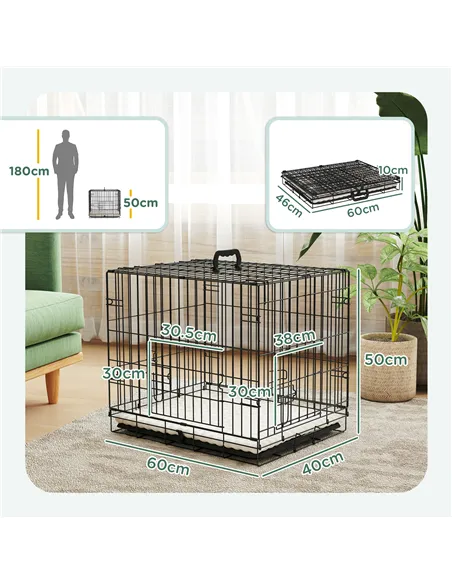 PawHut Foldable Dog Crate with Two Doors with Tray, Soft Cushion, for Extra Small Dogs, 60 x 40 x 50, Black