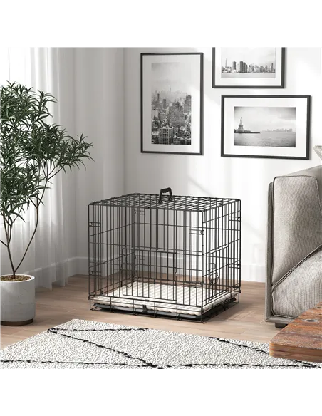 PawHut Foldable Dog Crate with Two Doors with Tray, Soft Cushion, for Extra Small Dogs, 60 x 40 x 50, Black
